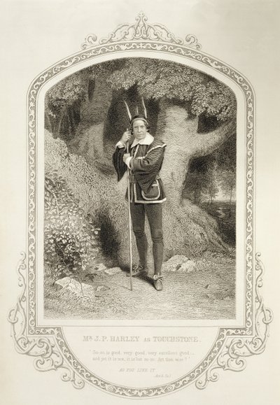 Mr. J.P. Harley als Narr, Akt V Szene 1, in Wie es euch gefällt von William Shakespeare (1564-1616), graviert von George Hollis (1792-1842) nach einem Daguerreotyp von J.P. Mayall (1810-1901) von English School