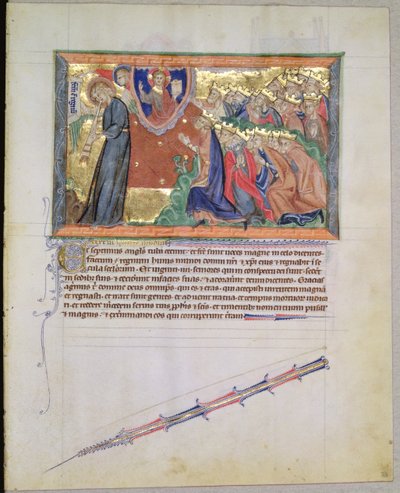 Ms L.A. 139-Lisboa fol.28 Der 7. Engel bläst seine Trompete und die 24 Ältesten beten Gott an, aus der Gulbenkian-Apokalypse, ca. 1265-70 von English School