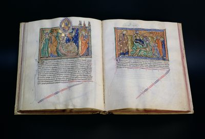 Ms L.A. 139-Lisboa fol.37v-38 Das Tier lästert den Namen Gottes, und die Menschen beten das 3. und 2. Tier an, aus der Gulbenkian-Apokalypse, ca. 1265-70 von English School