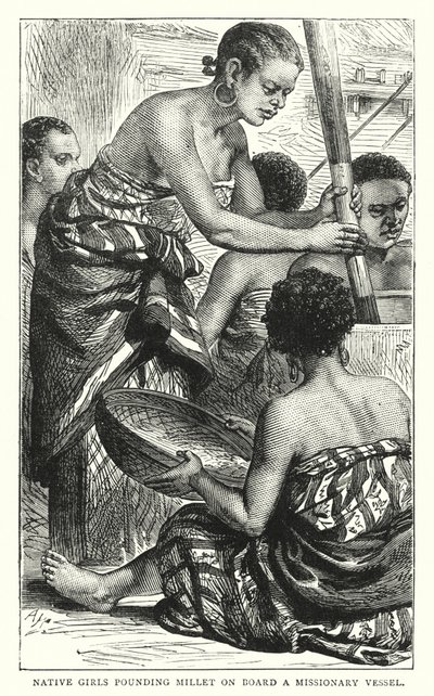 Einheimische Mädchen stampfen Hirse an Bord eines Missionsschiffs von English School