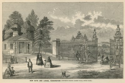 Neues Tor und Lodge, Kensington, gegenüber der Prince Albert Road, Hyde Park von English School