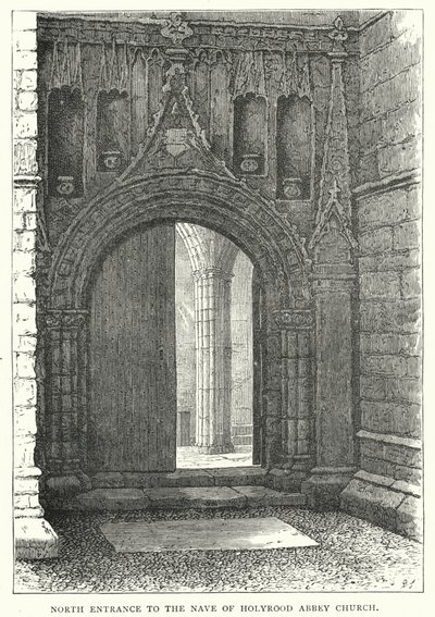 Nordeingang zum Kirchenschiff der Holyrood Abbey Church (Stich) von English School