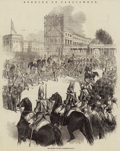 Eröffnung des Parlaments, Ihre Majestät verlässt den Buckingham Palace (Gravur) von English School