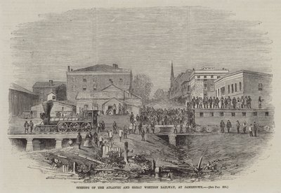 Eröffnung der Atlantic and Great Western Railway in Jamestown (Gravur) von English School