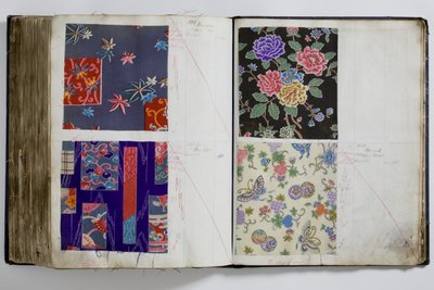 Seiten aus einem Buch mit Textilmustern, handschriftlich mit dem Datumsbereich 1887-94 annotiert (Feder & Tinte und Textil auf Papier) von English School