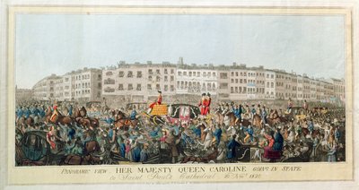 Panoramablick. Ihre Majestät Königin Caroline geht in Staatskleidung zur St. Pauls Kathedrale, 20. November 1820, veröffentlicht 1821 von English School