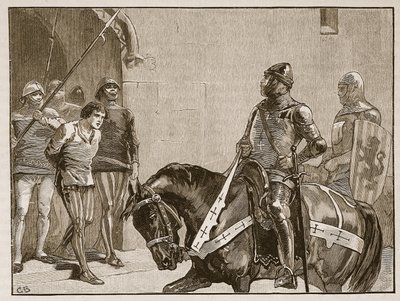 Piers Gaveston vor dem Earl of Warwick, Illustration aus Cassells Illustrierter Geschichte Englands von English School