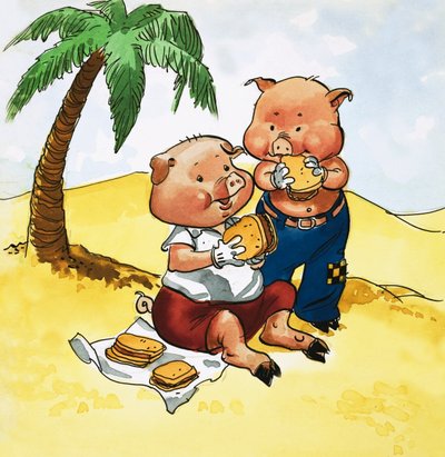 Picknick der Schweine auf einer einsamen Insel von English School