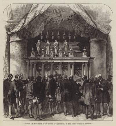Pilger am Schrein von St. Edmund von Canterbury in der Abteikirche von Pontigny (Gravur) von English School