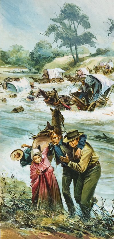 Pioniere überqueren den ungezähmten Arkansas River in den frühen 1880er Jahren von English School
