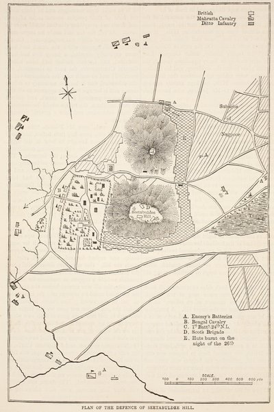 Plan der Verteidigung des Seetabuldee-Hügels, Illustration aus Cassells Illustrierter Geschichte Indiens von James Grant, veröffentlicht 1879 von English School