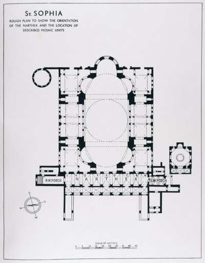 Plan zur Darstellung der Ausrichtung des Narthex und beschriebener Mosaikeinheiten, aus The Mosaics of Haghia Sophia at Istanbul von Thomas Whittemore von English School