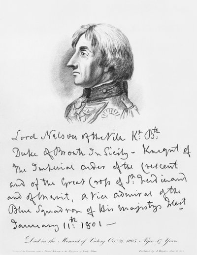 Porträt von Admiral Horatio Nelson mit seiner Handschrift von English School