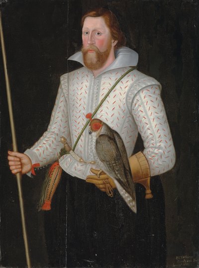 Porträt von Sir Thomas Monson, Halbfigur, in einem weißen, geschlitzten Wams, mit einem Schwert gegürtet, einen Falken und seinen Amtsstab haltend von English School