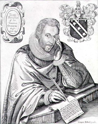 Porträt von Sir Thomas Overbury (1581-1613), der sein Epitaph schreibt, graviert von Renold Elstrack 1613 von English School