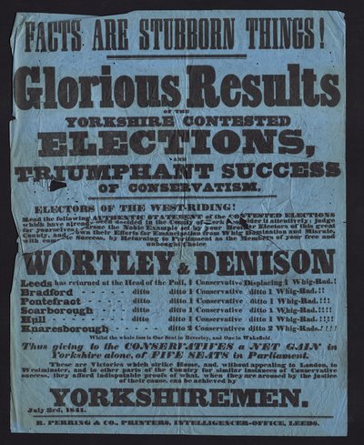 Plakat zur Feier des Sieges der konservativen Kandidaten bei den Parlamentswahlen in Yorkshire von English School
