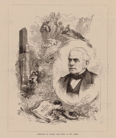 Porträt von Auber und Ansicht seines Grabes von English School