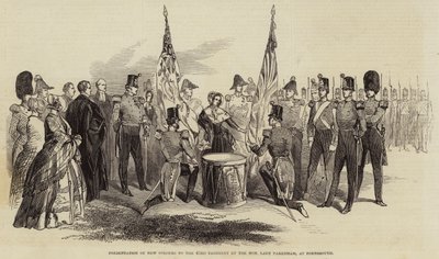 Präsentation neuer Farben an das 43. Regiment durch die ehrenwerte Lady Pakenham in Portsmouth (Gravur) von English School
