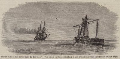 Prinz Napoleons Expedition in den Norden, die Reine Hortense trifft ein Schiff, das von seiner Besatzung verlassen wurde (Gravur) von English School