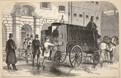 Gefängniswagen, der Gefangene im House of Detention abholt, Illustration aus The Criminal Prisons of London and Scenes from Prison Life von Henry Mayhew und John Binny, veröffentlicht 1862 von English School