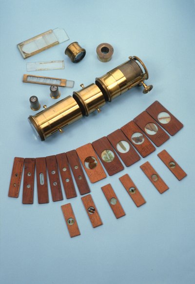 Projektionsmikroskop, verkauft von Watkins & Hill, London, zur Verwendung mit einer Zauberlaterne, zusammen mit 18 naturgeschichtlichen Dias, ca. 1870 von English School
