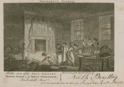 Öffentliche Ansicht des einst eleganten Speisezimmers im schmutzigen Lagerhaus, Leadenhall Street, London von English School