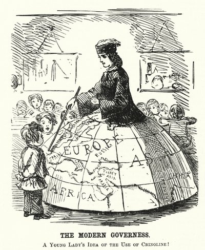 Die moderne Gouvernante - ein weiter Reifrock als Geographie-Lehrmittel (Stich) von English School