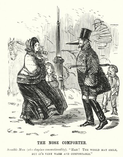 Der Nasenwärmer - Mann schützt seine Nase vor der Kälte (Stich) von English School