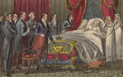 Königin Caroline auf ihrem Sterbebett, Brandenburg House, Hammersmith, London von English School