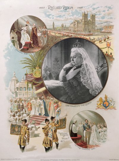 Königin Victoria (1819-1901) zur Zeit ihres Diamantenen Jubiläums 1897 zusammen mit einigen der wichtigsten Ereignisse ihres Lebens, 1897 von English School