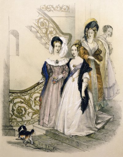 Königin Victoria auf einer Treppe mit Hofdamen von English School