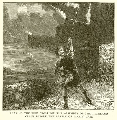Aufstellen des Feuerkreuzes zur Versammlung der Highland-Clans vor der Schlacht von Pinkie, 1547 von English School