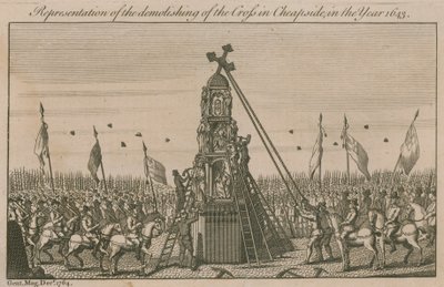 Darstellung des Abrisses des Kreuzes in Cheapside im Jahr 1643 von English School