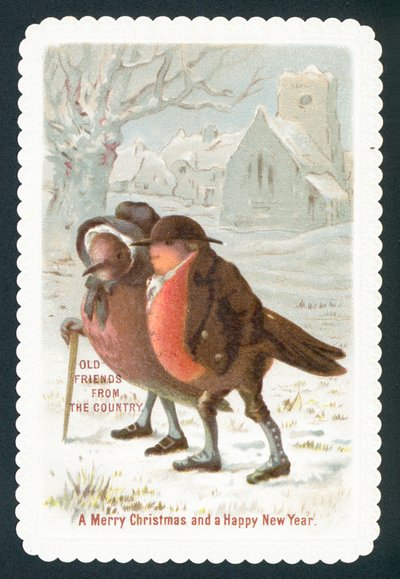 Rotkehlchen tragen Kleidung, Weihnachtskarte von English School