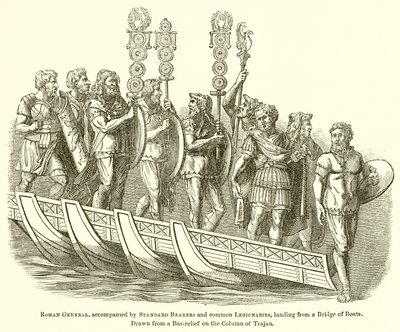 Römischer General, begleitet von Standartenträgern und gewöhnlichen Legionären, landet von einer Schiffsbrücke von English School