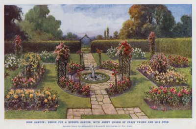 Rosengarten, Entwurf für einen umhegten Garten, mit zusätzlichem Charme von verrücktem Pflaster und Seerosenteich von English School