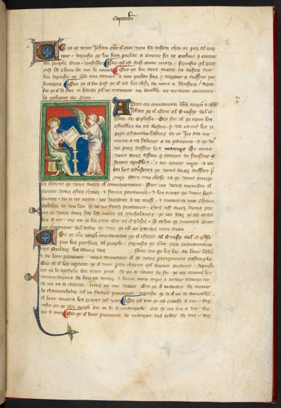 Johannes sitzt und schreibt; ein Engel steht hinter seinem Schreibtisch, aus der Queen Mary Apokalypse, Englische Schule (14. Jahrhundert) von English School