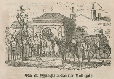 Verkauf des Mauttors (Hyde Park Turnpike), Hyde Park Corner, London von English School