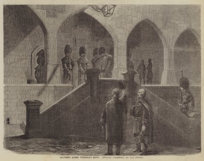 Begrüßung der Schlüssel von Königin Victoria, alte Zeremonie im Tower von English School