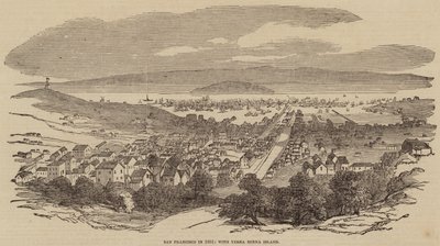 San Francisco im Jahr 1851, mit Yerba Buena Island (Gravur) von English School