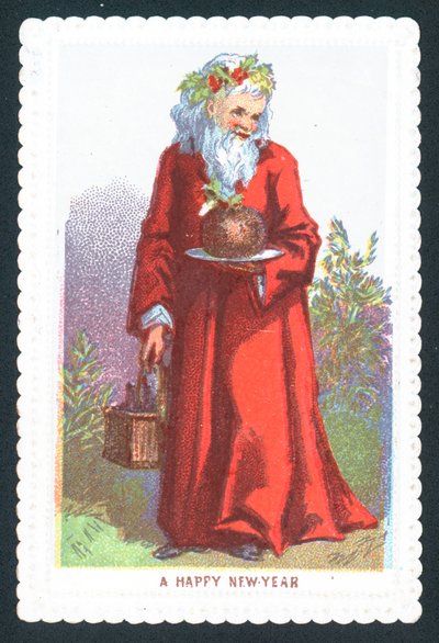 Weihnachtsmann hält Pflaumenpudding, Weihnachtskarte von English School