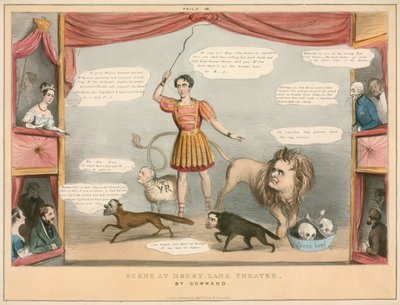 Szene aus dem Drury Lane Theatre, London; Karikatur von English School