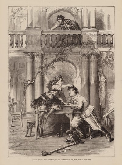 Szene aus der Burleske von "Carmen" im Folly Theatre (Gravur) von English School