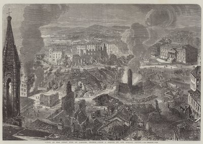 Szene des großen Feuers in Limoges, Frankreich (Stich) von English School