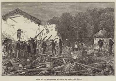 Szene der Pulverexplosion im Fort Agra, Indien (Stich) von English School