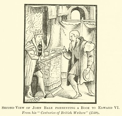 Zweite Ansicht von John Bale, der ein Buch an Edward VI. überreicht von English School