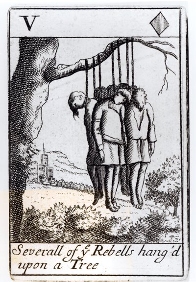 Mehrere Rebellen, die an einem Baum aufgehängt sind, Fünf-Herz-Spielkarte aus einem Set zur Erinnerung an Monmouths Rebellion im Jahr 1685 von English School