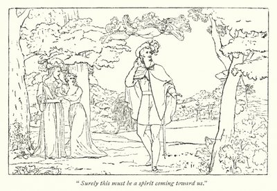 Shakespeares Der Sturm; Ferdinand wird von Ariels Lied geführt (Gravur) von English School