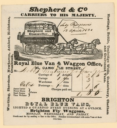 Shepherd & Co Rechnung. Brighton nach London von English School