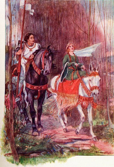 Sir Lancelot und Königin Guinevere. Farbige Illustration aus dem Buch The Gateway to Tennyson, veröffentlicht 1910 von English School